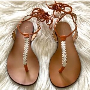 Anthropologie Brown and Cream Braided Tie Up Sandals